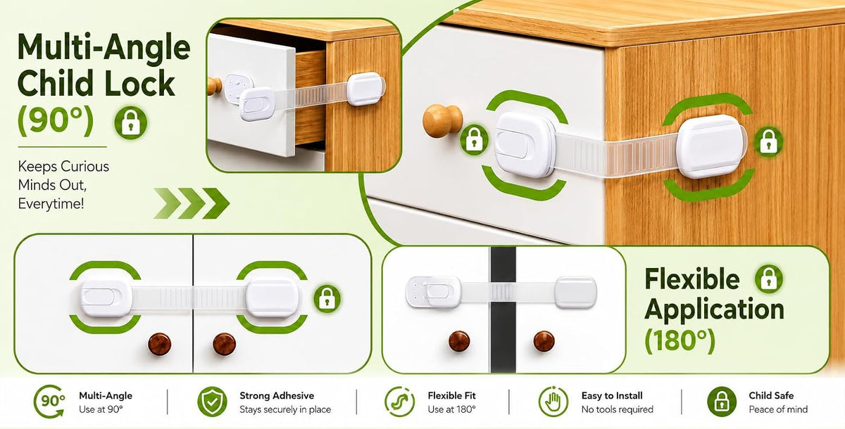 Child Safety Cabinet Locks (2 Pack) – Adjustable Baby Proofing Strap Latches with Strong 3M Adhesive – No Drill Childproof Locks for Drawers, Cabinets, Fridge, Door, Closet, Black