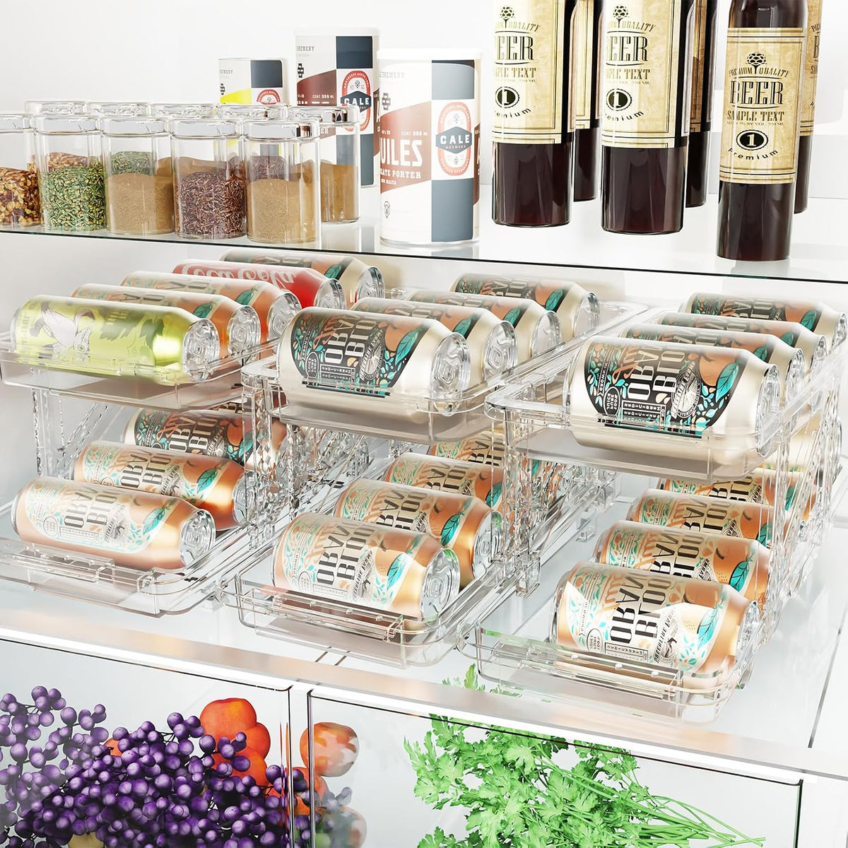 Jsyrjing Drink Organizer for Fridge, Adjustable Soda Can Dispenser | Clear Soda Can Organizer Fits Water Bottles, Beer and Beverage Cans, Can Holder for Fridge, Pantry and Cabinet Storage