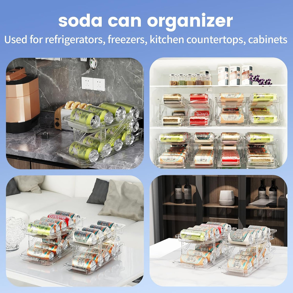 Jsyrjing Drink Organizer for Fridge, Adjustable Soda Can Dispenser | Clear Soda Can Organizer Fits Water Bottles, Beer and Beverage Cans, Can Holder for Fridge, Pantry and Cabinet Storage