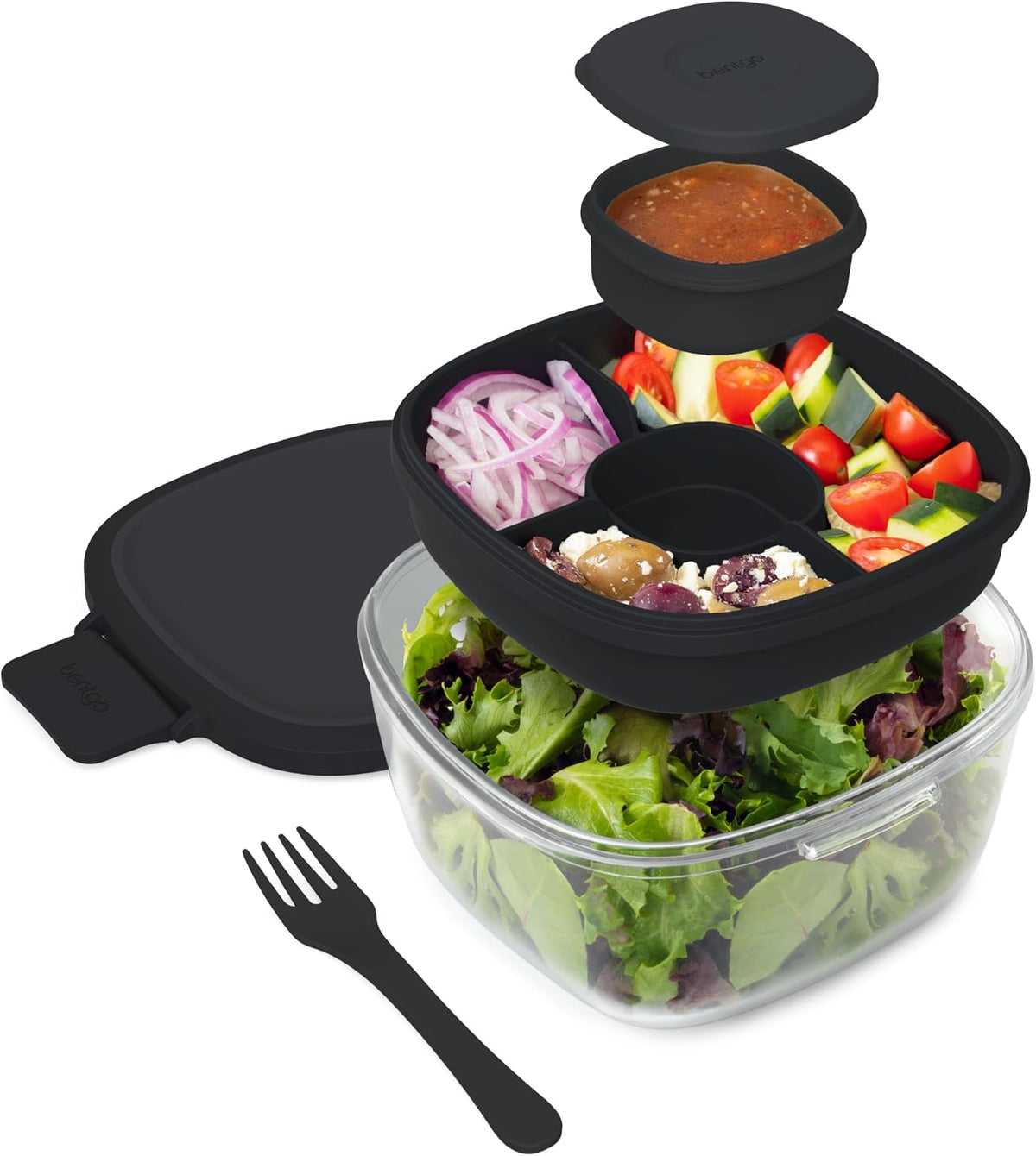 Glass Salad Container - 7.6-Cup Salad Bowl with Airtight Lid, Leak-Proof Sauce Container, 4-Compartment Bento Tray & Reusable Fork - BPA-Free for Meal Prep, Office & More (Black Onyx)