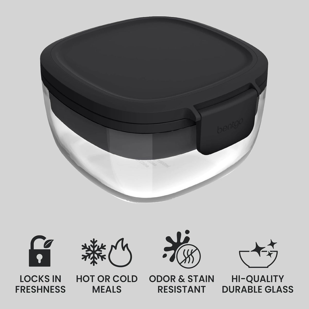 Glass Salad Container - 7.6-Cup Salad Bowl with Airtight Lid, Leak-Proof Sauce Container, 4-Compartment Bento Tray & Reusable Fork - BPA-Free for Meal Prep, Office & More (Black Onyx)
