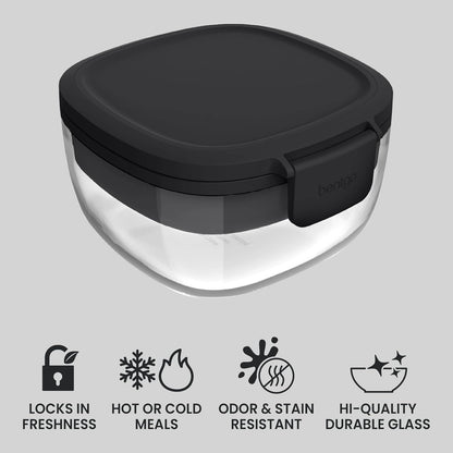 Glass Salad Container - 7.6-Cup Salad Bowl with Airtight Lid, Leak-Proof Sauce Container, 4-Compartment Bento Tray & Reusable Fork - BPA-Free for Meal Prep, Office & More (Black Onyx)