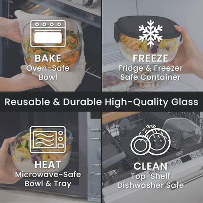 Glass Salad Container - 7.6-Cup Salad Bowl with Airtight Lid, Leak-Proof Sauce Container, 4-Compartment Bento Tray & Reusable Fork - BPA-Free for Meal Prep, Office & More (Black Onyx)