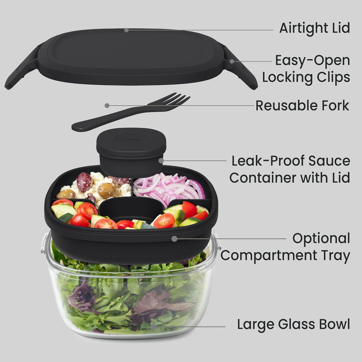 Glass Salad Container - 7.6-Cup Salad Bowl with Airtight Lid, Leak-Proof Sauce Container, 4-Compartment Bento Tray & Reusable Fork - BPA-Free for Meal Prep, Office & More (Black Onyx)
