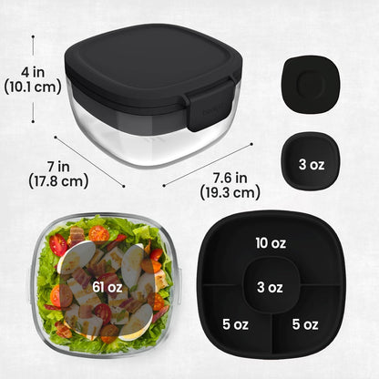 Glass Salad Container - 7.6-Cup Salad Bowl with Airtight Lid, Leak-Proof Sauce Container, 4-Compartment Bento Tray & Reusable Fork - BPA-Free for Meal Prep, Office & More (Black Onyx)