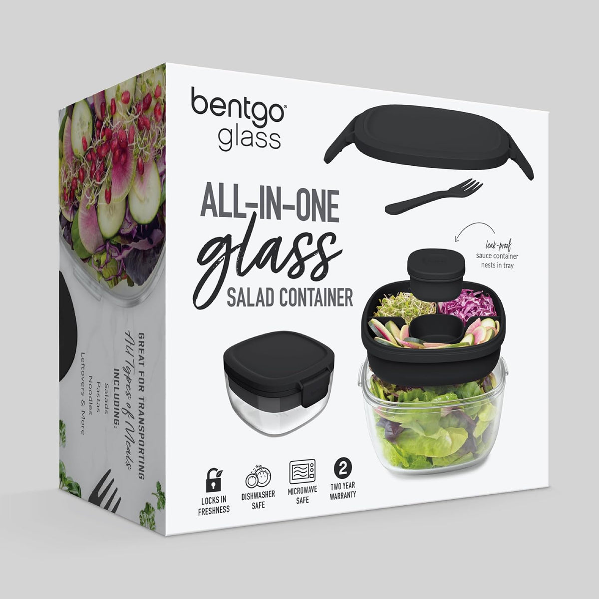 Glass Salad Container - 7.6-Cup Salad Bowl with Airtight Lid, Leak-Proof Sauce Container, 4-Compartment Bento Tray & Reusable Fork - BPA-Free for Meal Prep, Office & More (Black Onyx)