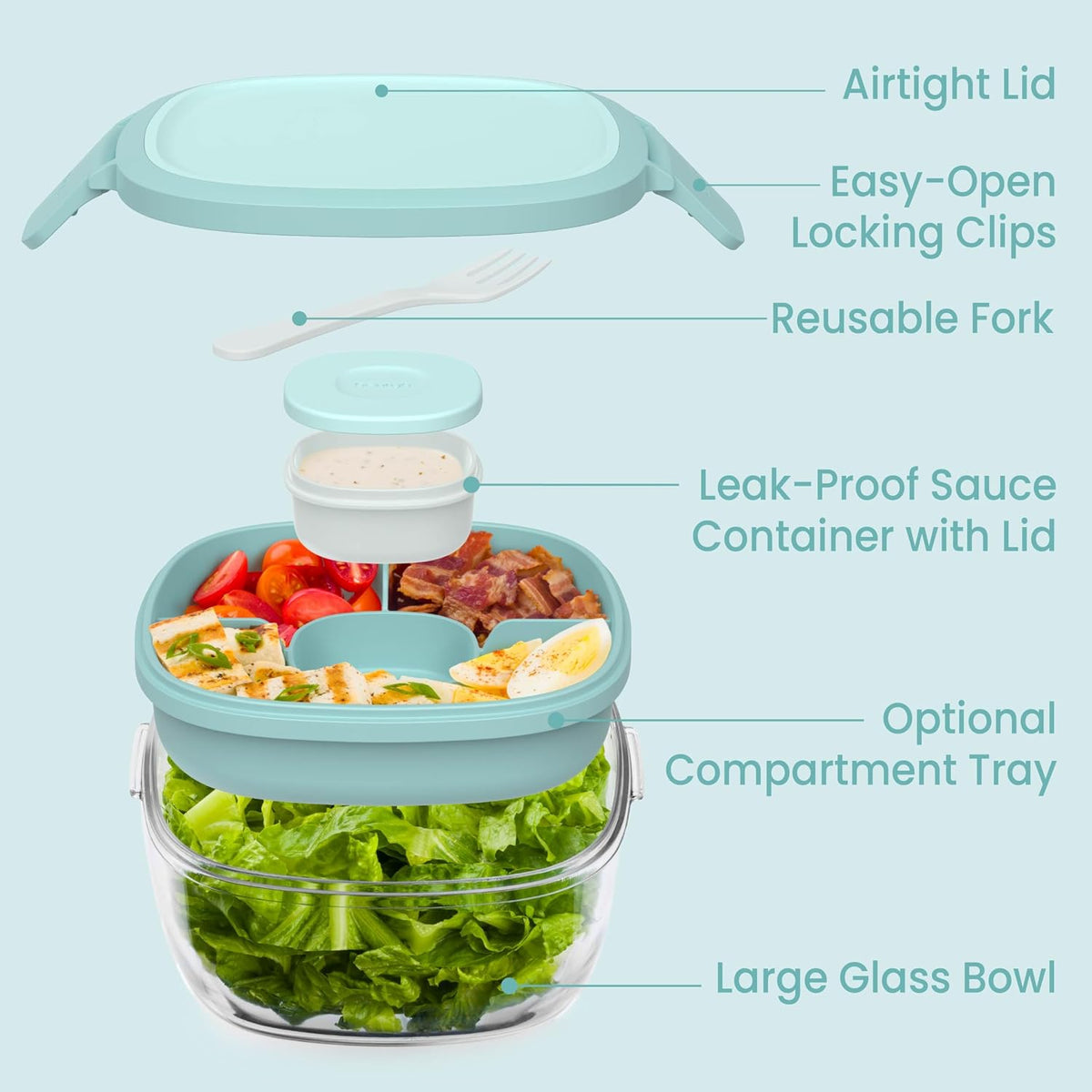 Glass Salad Container - 7.6-Cup Salad Bowl with Airtight Lid, Leak-Proof Sauce Container, 4-Compartment Bento Tray & Reusable Fork - BPA-Free for Meal Prep, Office & More (Black Onyx)