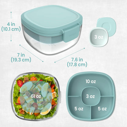 Glass Salad Container - 7.6-Cup Salad Bowl with Airtight Lid, Leak-Proof Sauce Container, 4-Compartment Bento Tray & Reusable Fork - BPA-Free for Meal Prep, Office & More (Black Onyx)