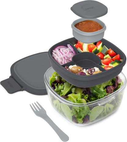Glass Salad Container - 7.6-Cup Salad Bowl with Airtight Lid, Leak-Proof Sauce Container, 4-Compartment Bento Tray & Reusable Fork - BPA-Free for Meal Prep, Office & More (Black Onyx)