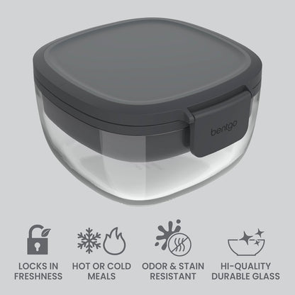 Glass Salad Container - 7.6-Cup Salad Bowl with Airtight Lid, Leak-Proof Sauce Container, 4-Compartment Bento Tray & Reusable Fork - BPA-Free for Meal Prep, Office & More (Black Onyx)