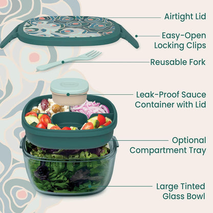 Glass Salad Container - 7.6-Cup Salad Bowl with Airtight Lid, Leak-Proof Sauce Container, 4-Compartment Bento Tray & Reusable Fork - BPA-Free for Meal Prep, Office & More (Black Onyx)