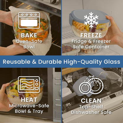 Glass Salad Container - 7.6-Cup Salad Bowl with Airtight Lid, Leak-Proof Sauce Container, 4-Compartment Bento Tray & Reusable Fork - BPA-Free for Meal Prep, Office & More (Black Onyx)