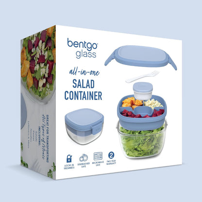 Glass Salad Container - 7.6-Cup Salad Bowl with Airtight Lid, Leak-Proof Sauce Container, 4-Compartment Bento Tray & Reusable Fork - BPA-Free for Meal Prep, Office & More (Black Onyx)