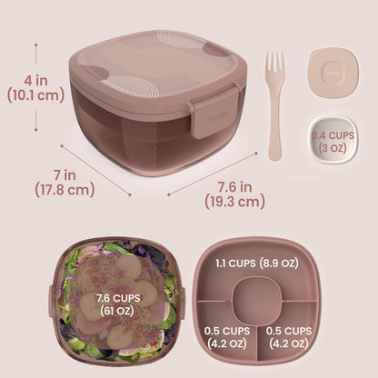 Glass Salad Container - 7.6-Cup Salad Bowl with Airtight Lid, Leak-Proof Sauce Container, 4-Compartment Bento Tray & Reusable Fork - BPA-Free for Meal Prep, Office & More (Black Onyx)