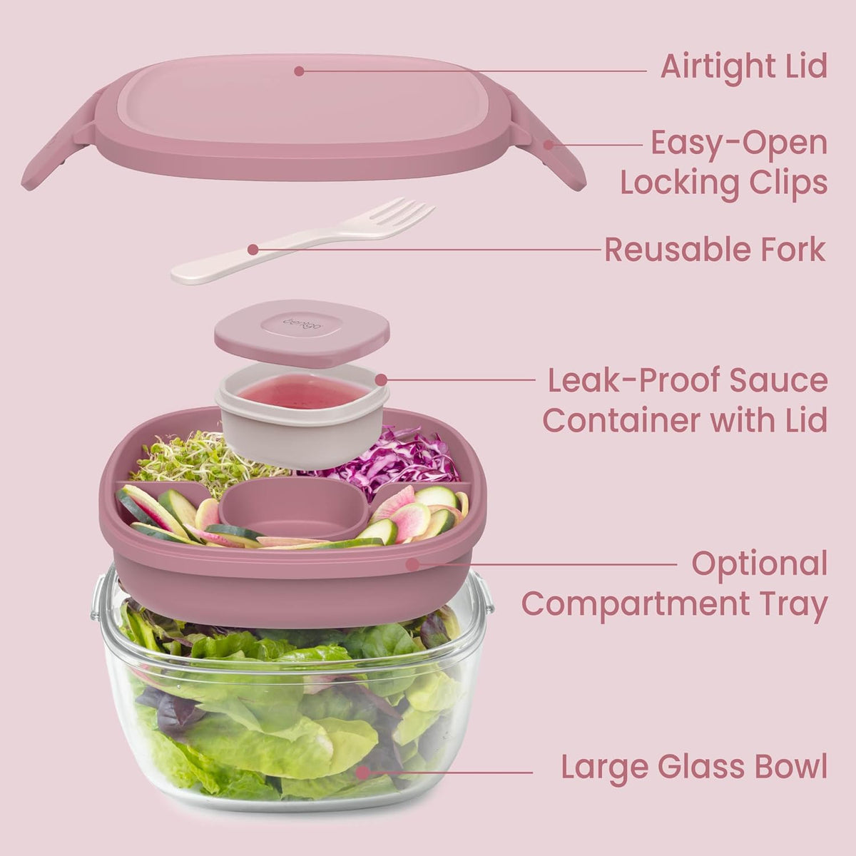 Glass Salad Container - 7.6-Cup Salad Bowl with Airtight Lid, Leak-Proof Sauce Container, 4-Compartment Bento Tray & Reusable Fork - BPA-Free for Meal Prep, Office & More (Black Onyx)