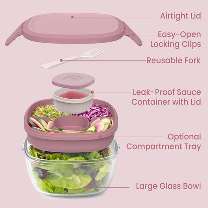 Glass Salad Container - 7.6-Cup Salad Bowl with Airtight Lid, Leak-Proof Sauce Container, 4-Compartment Bento Tray & Reusable Fork - BPA-Free for Meal Prep, Office & More (Black Onyx)