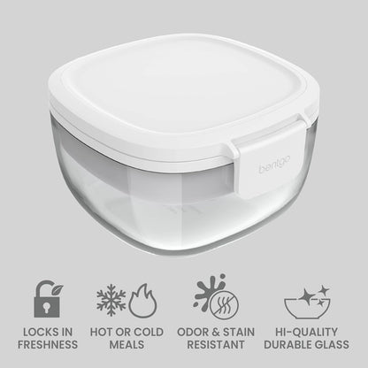 Glass Salad Container - 7.6-Cup Salad Bowl with Airtight Lid, Leak-Proof Sauce Container, 4-Compartment Bento Tray & Reusable Fork - BPA-Free for Meal Prep, Office & More (Black Onyx)