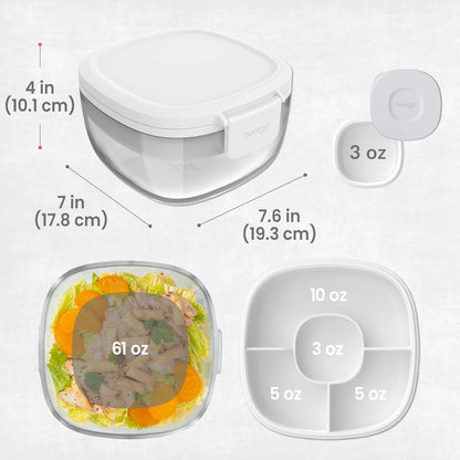 Glass Salad Container - 7.6-Cup Salad Bowl with Airtight Lid, Leak-Proof Sauce Container, 4-Compartment Bento Tray & Reusable Fork - BPA-Free for Meal Prep, Office & More (Black Onyx)