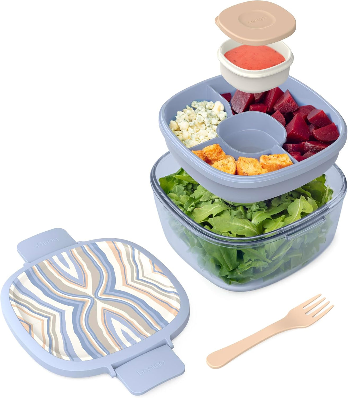 Glass Salad Container - 7.6-Cup Salad Bowl with Airtight Lid, Leak-Proof Sauce Container, 4-Compartment Bento Tray & Reusable Fork - BPA-Free for Meal Prep, Office & More (Black Onyx)