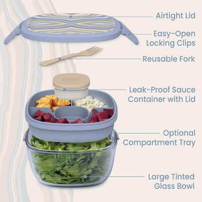 Glass Salad Container - 7.6-Cup Salad Bowl with Airtight Lid, Leak-Proof Sauce Container, 4-Compartment Bento Tray & Reusable Fork - BPA-Free for Meal Prep, Office & More (Black Onyx)