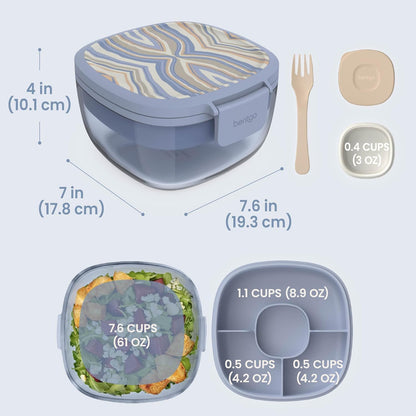 Glass Salad Container - 7.6-Cup Salad Bowl with Airtight Lid, Leak-Proof Sauce Container, 4-Compartment Bento Tray & Reusable Fork - BPA-Free for Meal Prep, Office & More (Black Onyx)