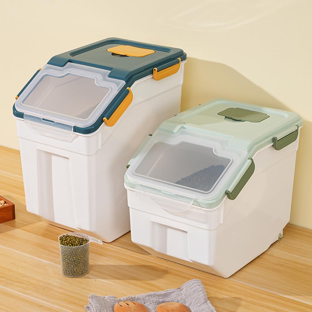 Large Flour Storage Container Bin 25lb, Airtight Rice Storage Containers with Wheels Seal Locking Lid, BPA Free with Measuring Cup&Scoop for Flour, Rice, Grain(Gray)
