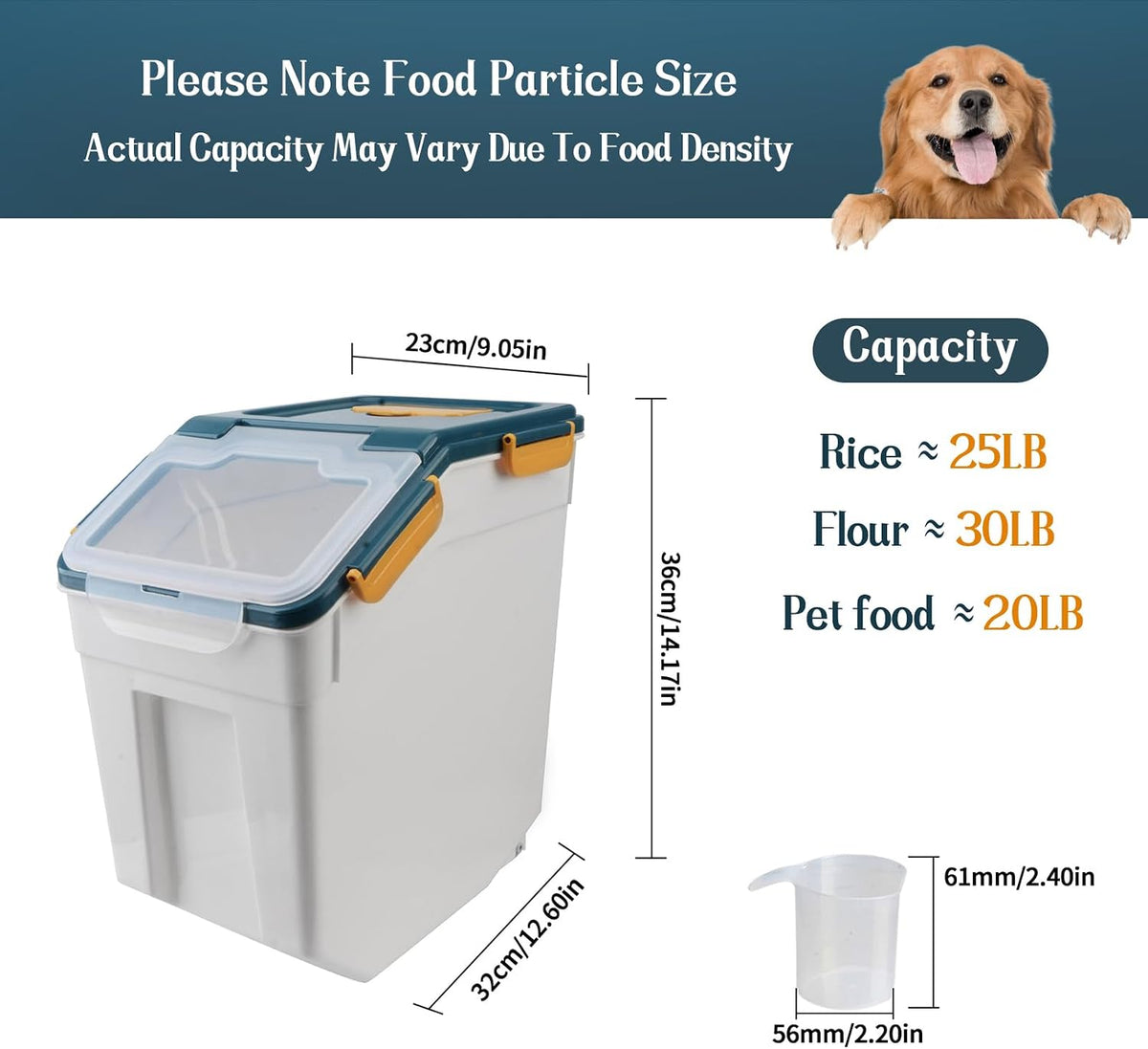 Large Flour Storage Container Bin 25lb, Airtight Rice Storage Containers with Wheels Seal Locking Lid, BPA Free with Measuring Cup&Scoop for Flour, Rice, Grain(Gray)