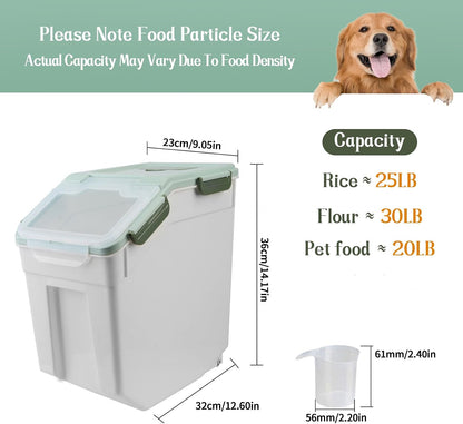 Large Flour Storage Container Bin 25lb, Airtight Rice Storage Containers with Wheels Seal Locking Lid, BPA Free with Measuring Cup&Scoop for Flour, Rice, Grain(Gray)