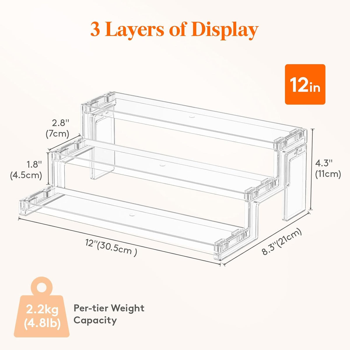 Spice Rack, Perfume Cologne Organizer, Cupcake Stand, Tool-Free Assembly, Display Riser Shelf, Seasoning Figurine Makeup Holder, Room Decor, Kitchen Cabinet Storage, Clear, 12in-3 Tier