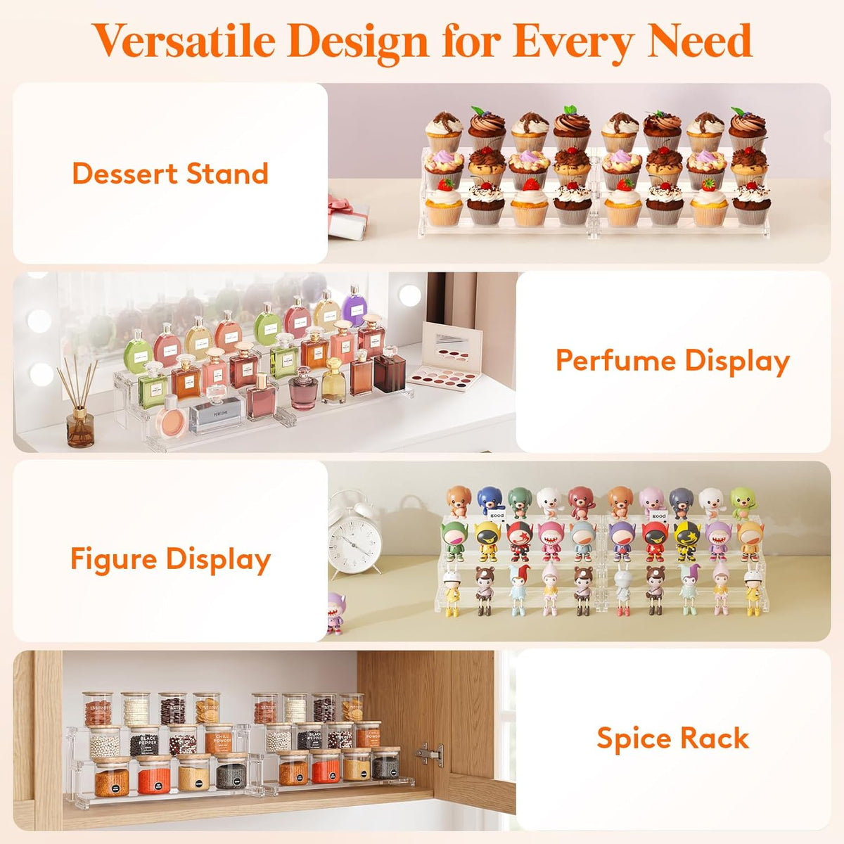 Spice Rack, Perfume Cologne Organizer, Cupcake Stand, Tool-Free Assembly, Display Riser Shelf, Seasoning Figurine Makeup Holder, Room Decor, Kitchen Cabinet Storage, Clear, 12in-3 Tier