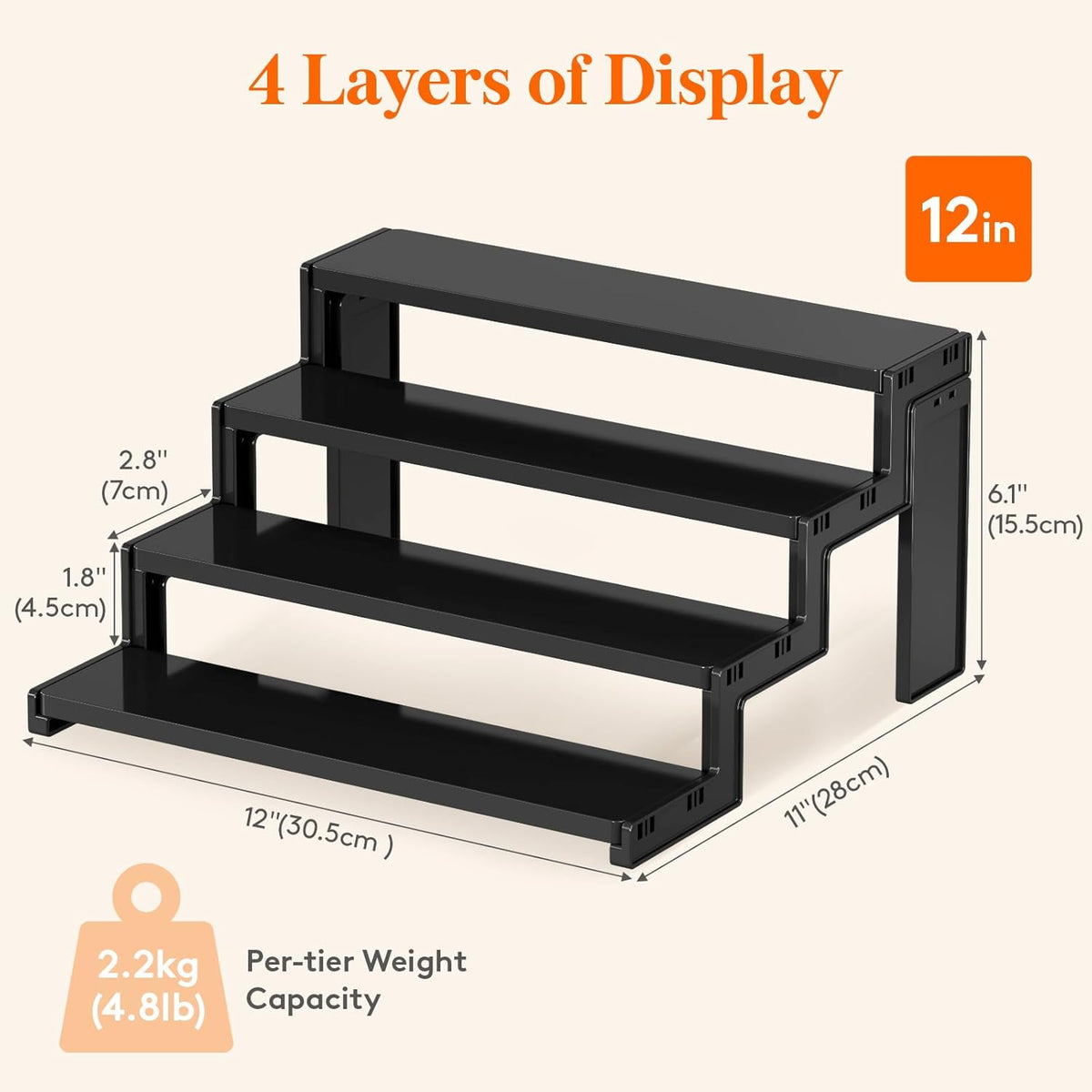 Spice Rack, Perfume Cologne Organizer, Cupcake Stand, Tool-Free Assembly, Display Riser Shelf, Seasoning Figurine Makeup Holder, Room Decor, Kitchen Cabinet Storage, Clear, 12in-3 Tier