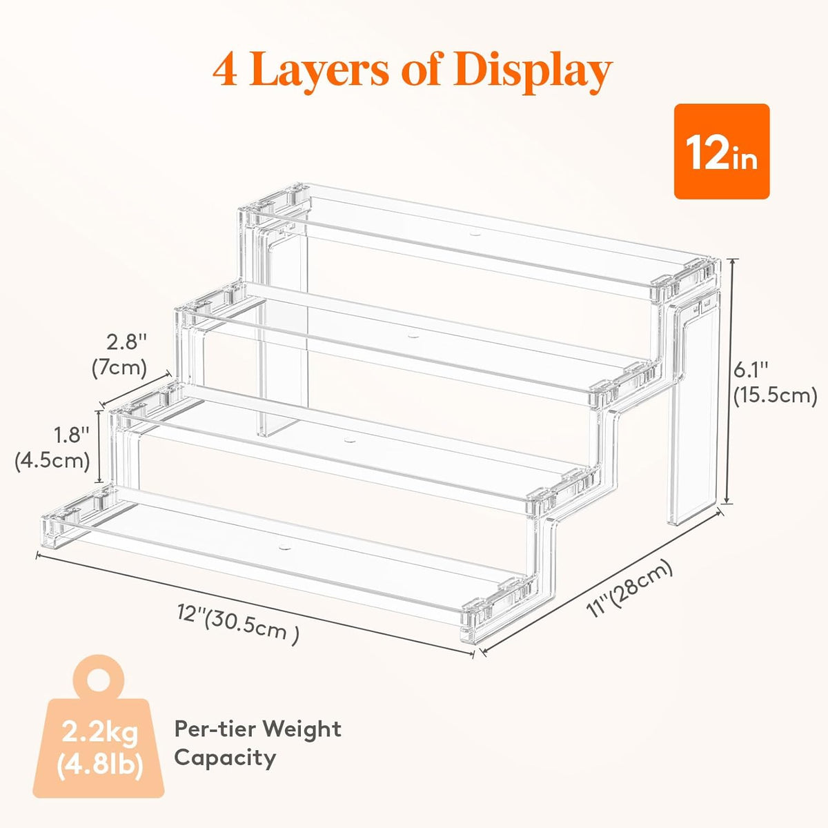 Spice Rack, Perfume Cologne Organizer, Cupcake Stand, Tool-Free Assembly, Display Riser Shelf, Seasoning Figurine Makeup Holder, Room Decor, Kitchen Cabinet Storage, Clear, 12in-3 Tier
