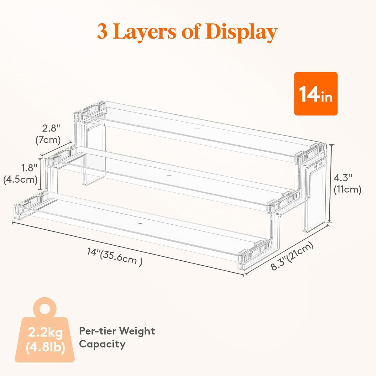 Spice Rack, Perfume Cologne Organizer, Cupcake Stand, Tool-Free Assembly, Display Riser Shelf, Seasoning Figurine Makeup Holder, Room Decor, Kitchen Cabinet Storage, Clear, 12in-3 Tier