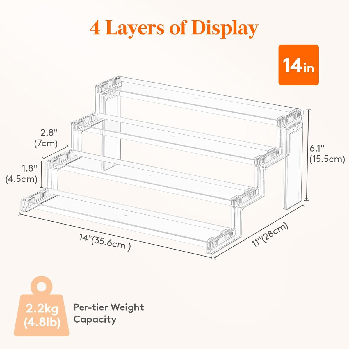Spice Rack, Perfume Cologne Organizer, Cupcake Stand, Tool-Free Assembly, Display Riser Shelf, Seasoning Figurine Makeup Holder, Room Decor, Kitchen Cabinet Storage, Clear, 12in-3 Tier