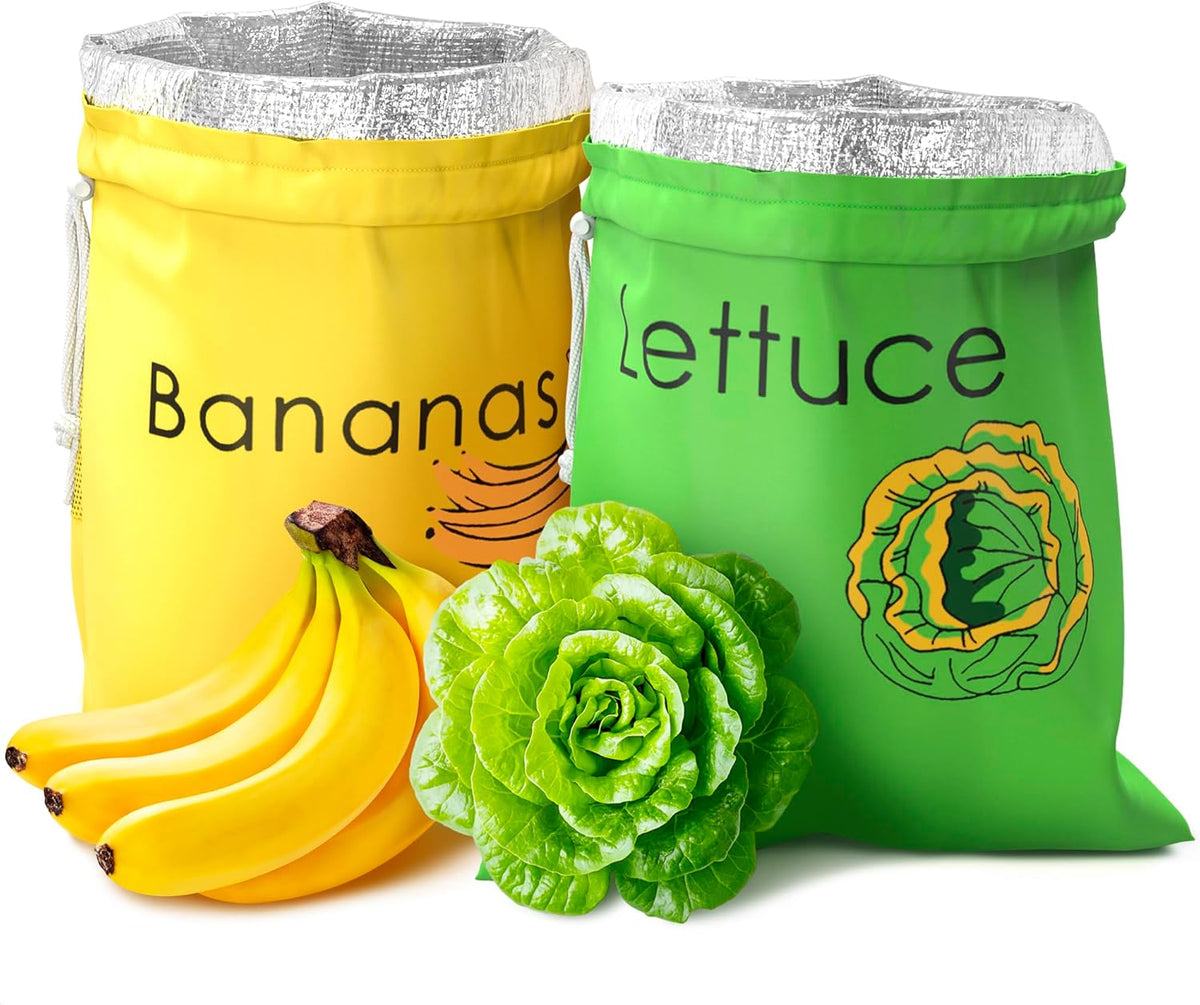 Lettuce Keeper Bag for Refrigerator, Reusable 3-Layer Foil Lining | Breathable Produce Storage Bags with Drawstring - Keeps Salad Greens Fresh | Sturdy, Washable, for Lettuce, Fruits, Veggies
