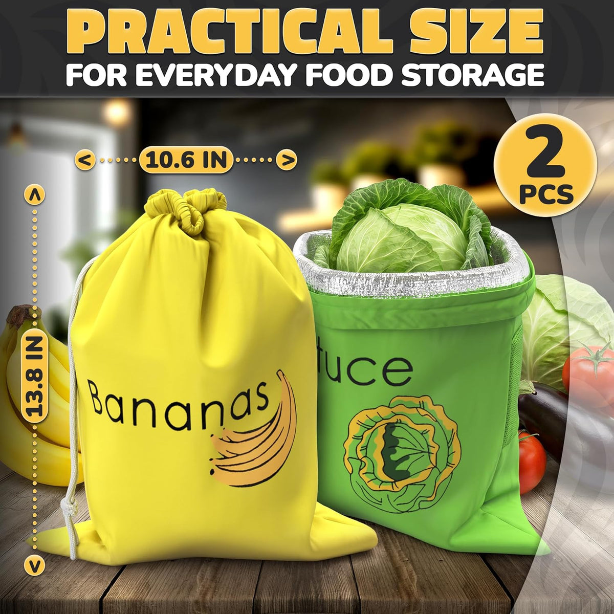 Lettuce Keeper Bag for Refrigerator, Reusable 3-Layer Foil Lining | Breathable Produce Storage Bags with Drawstring - Keeps Salad Greens Fresh | Sturdy, Washable, for Lettuce, Fruits, Veggies
