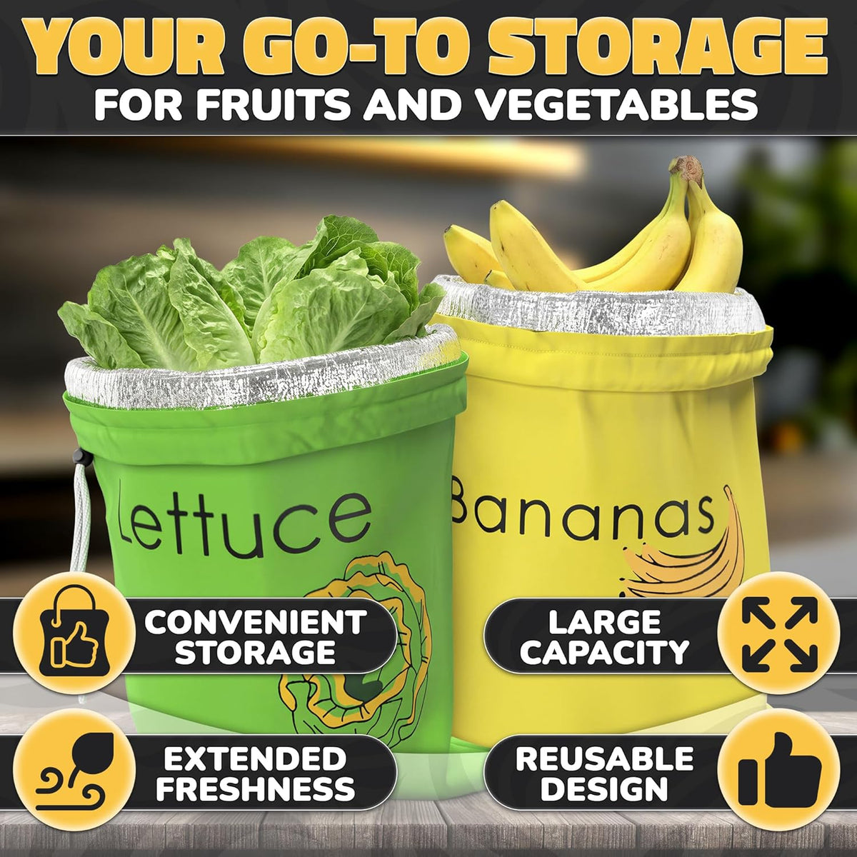 Lettuce Keeper Bag for Refrigerator, Reusable 3-Layer Foil Lining | Breathable Produce Storage Bags with Drawstring - Keeps Salad Greens Fresh | Sturdy, Washable, for Lettuce, Fruits, Veggies