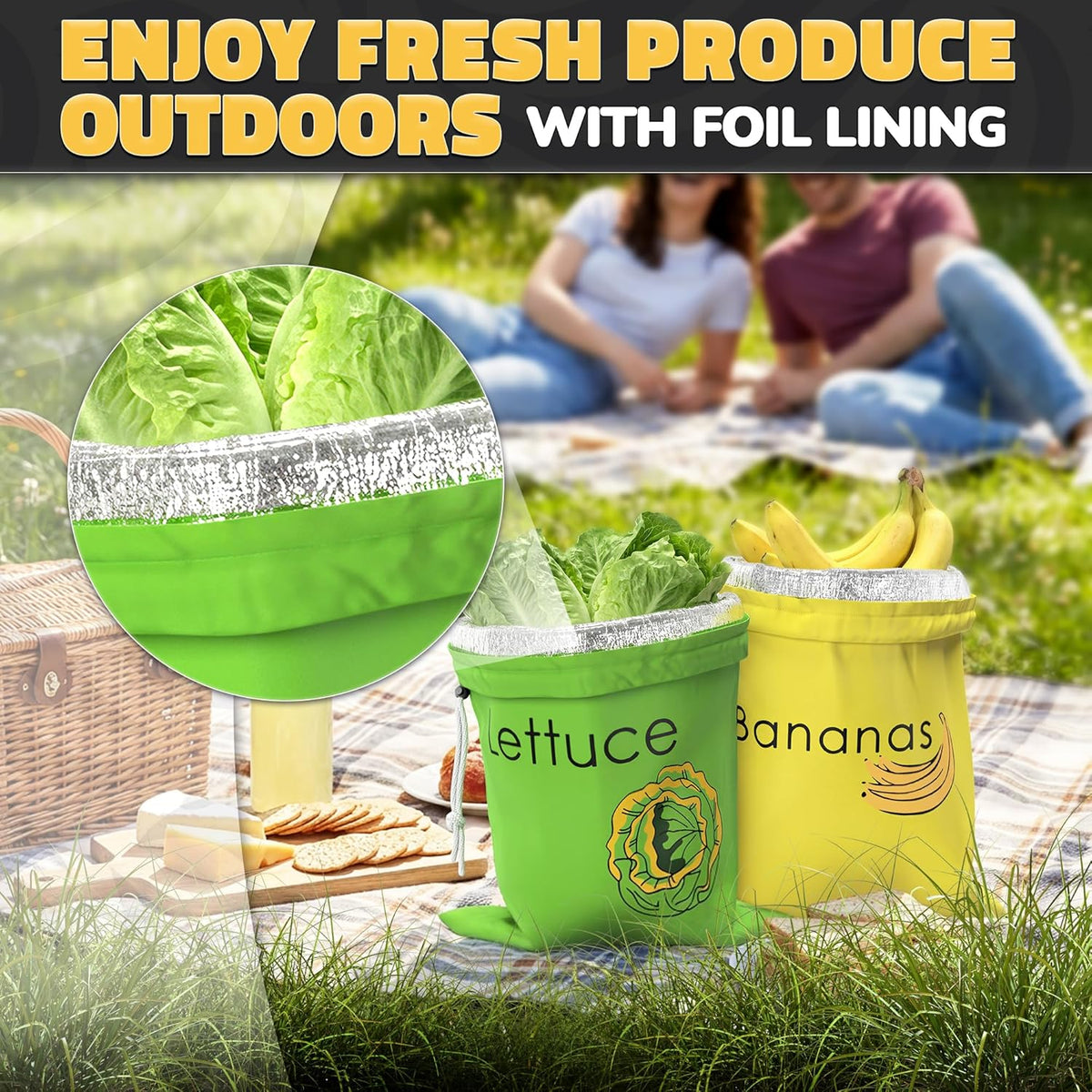 Lettuce Keeper Bag for Refrigerator, Reusable 3-Layer Foil Lining | Breathable Produce Storage Bags with Drawstring - Keeps Salad Greens Fresh | Sturdy, Washable, for Lettuce, Fruits, Veggies