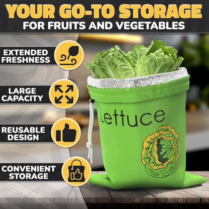 Lettuce Keeper Bag for Refrigerator, Reusable 3-Layer Foil Lining | Breathable Produce Storage Bags with Drawstring - Keeps Salad Greens Fresh | Sturdy, Washable, for Lettuce, Fruits, Veggies