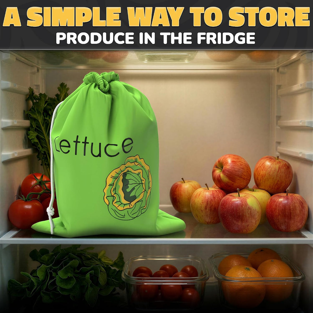 Lettuce Keeper Bag for Refrigerator, Reusable 3-Layer Foil Lining | Breathable Produce Storage Bags with Drawstring - Keeps Salad Greens Fresh | Sturdy, Washable, for Lettuce, Fruits, Veggies