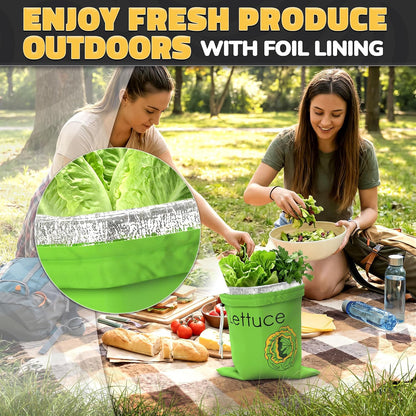 Lettuce Keeper Bag for Refrigerator, Reusable 3-Layer Foil Lining | Breathable Produce Storage Bags with Drawstring - Keeps Salad Greens Fresh | Sturdy, Washable, for Lettuce, Fruits, Veggies