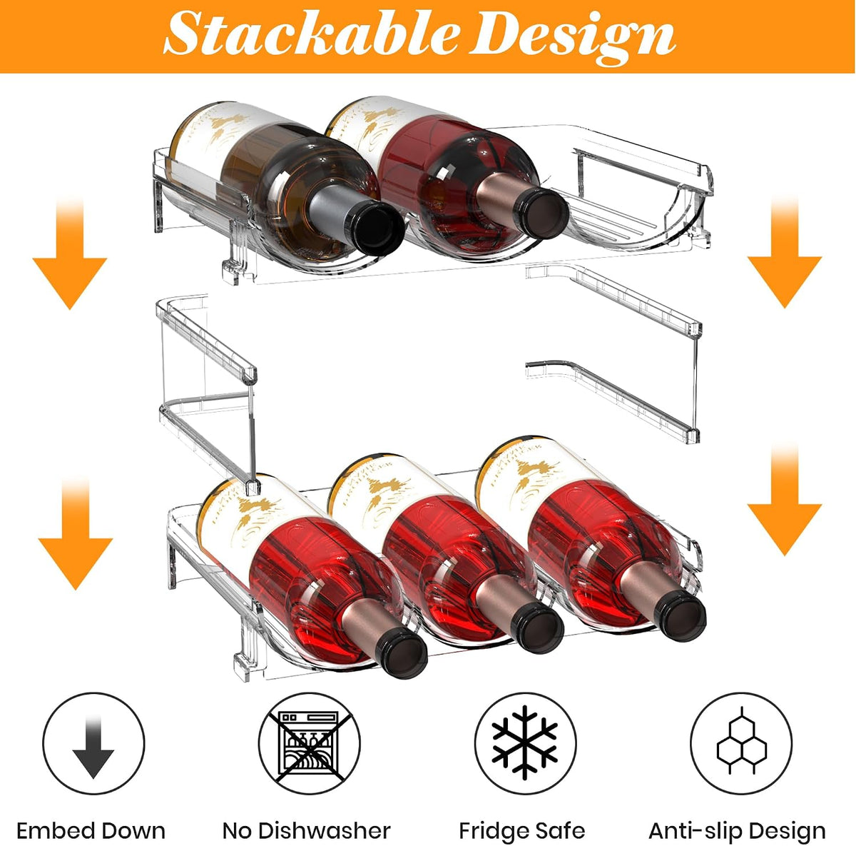 Plastic Stackable Wine Rack for Refrigerator, 2 Tier Large Capacity Water Bottle Organizer for Cabinet, Free-Standing Water Bottle Storage Rack for Fridge, Countertop, Pantry, Freezer, Hold 6 Bottles