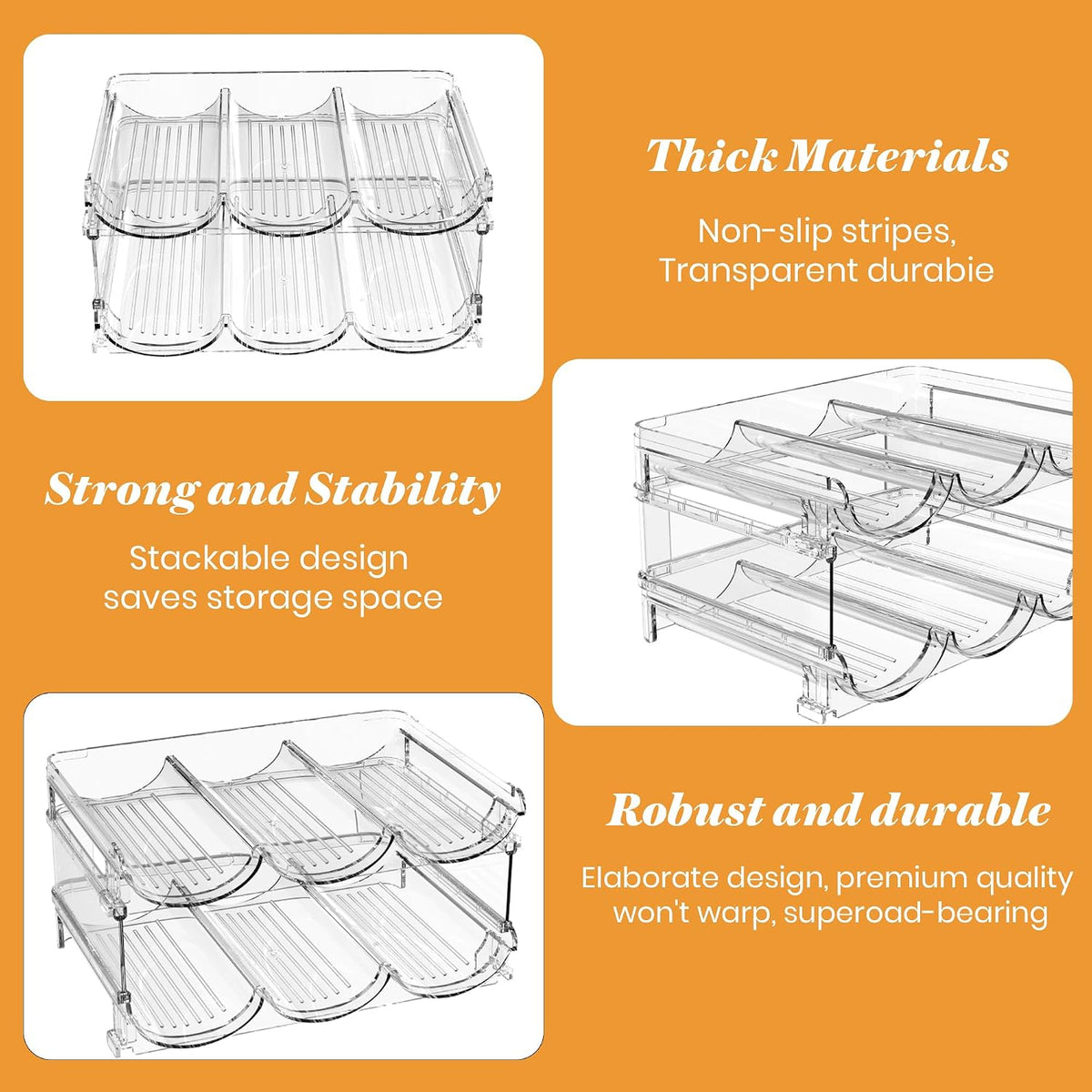 Plastic Stackable Wine Rack for Refrigerator, 2 Tier Large Capacity Water Bottle Organizer for Cabinet, Free-Standing Water Bottle Storage Rack for Fridge, Countertop, Pantry, Freezer, Hold 6 Bottles