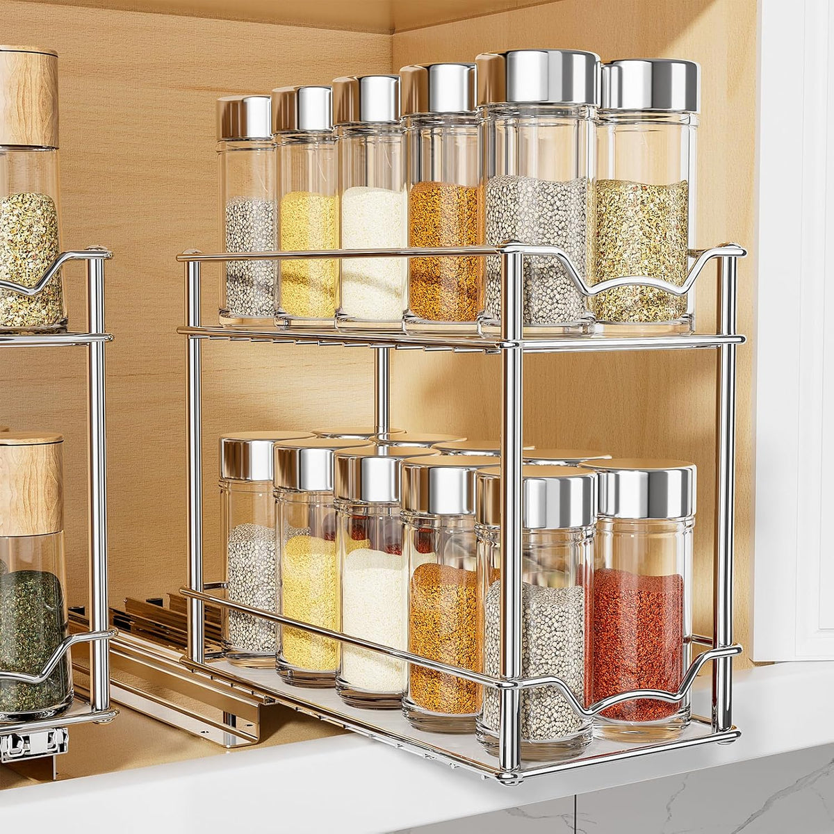 Pull Out Spice Rack for Inside Cabinet, 2 Tier Chrome Spice Organization for Cabinet, Vertical Sliding Out Spice Rack Organizer for Seasoning, 10.4''D×4.8''W×9.3''H