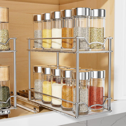 Pull Out Spice Rack for Inside Cabinet, 2 Tier Chrome Spice Organization for Cabinet, Vertical Sliding Out Spice Rack Organizer for Seasoning, 10.4''D×4.8''W×9.3''H