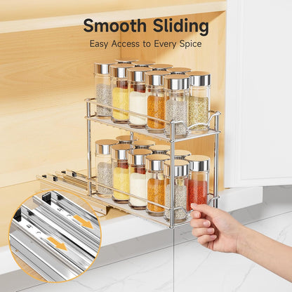 Pull Out Spice Rack for Inside Cabinet, 2 Tier Chrome Spice Organization for Cabinet, Vertical Sliding Out Spice Rack Organizer for Seasoning, 10.4''D×4.8''W×9.3''H