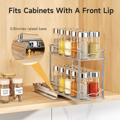 Pull Out Spice Rack for Inside Cabinet, 2 Tier Chrome Spice Organization for Cabinet, Vertical Sliding Out Spice Rack Organizer for Seasoning, 10.4''D×4.8''W×9.3''H
