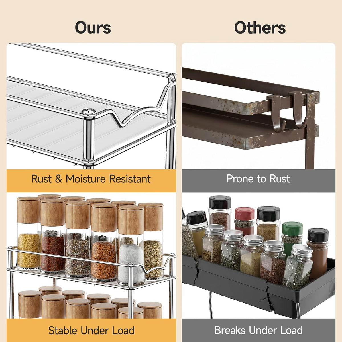 Pull Out Spice Rack for Inside Cabinet, 2 Tier Chrome Spice Organization for Cabinet, Vertical Sliding Out Spice Rack Organizer for Seasoning, 10.4''D×4.8''W×9.3''H