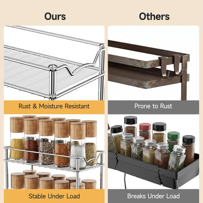 Pull Out Spice Rack for Inside Cabinet, 2 Tier Chrome Spice Organization for Cabinet, Vertical Sliding Out Spice Rack Organizer for Seasoning, 10.4''D×4.8''W×9.3''H