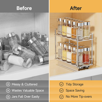 Pull Out Spice Rack for Inside Cabinet, 2 Tier Chrome Spice Organization for Cabinet, Vertical Sliding Out Spice Rack Organizer for Seasoning, 10.4''D×4.8''W×9.3''H